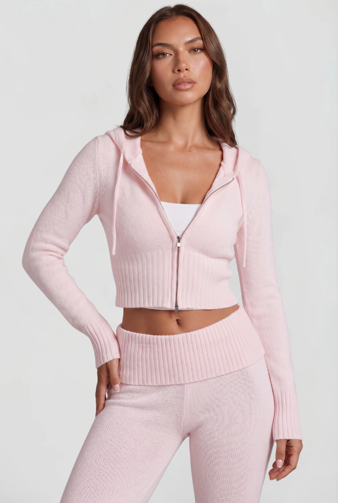 Blaire Cropped Hoodie Flare Pants Set - Pink