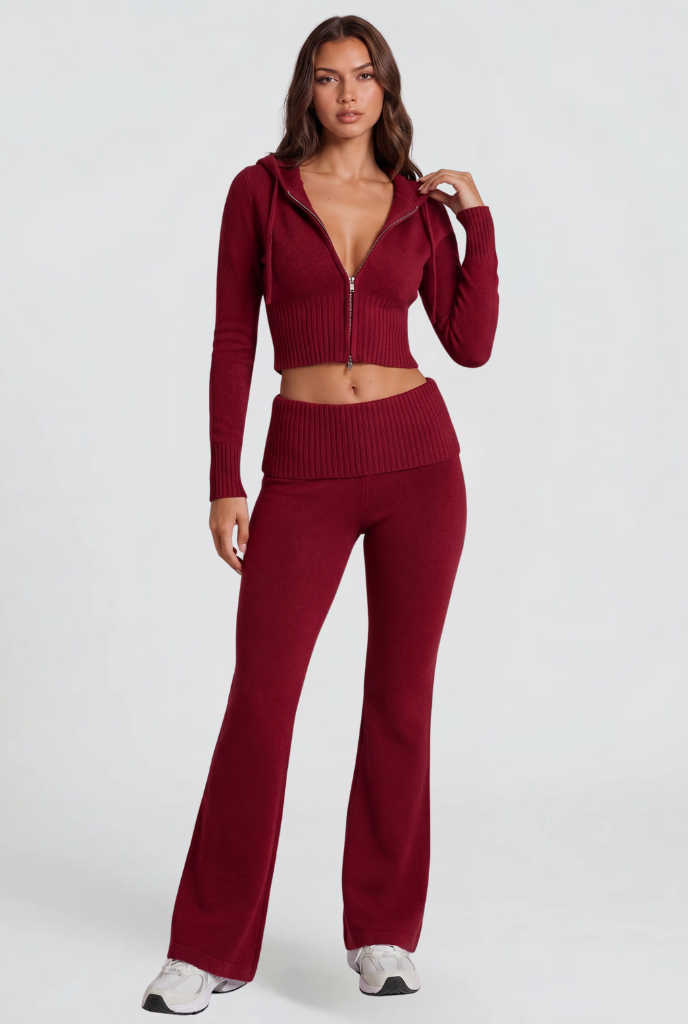 Blaire Cropped Hoodie Flare Pants Set - Red