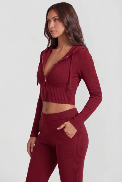 Blaire Cropped Hoodie Flare Pants Set - Red