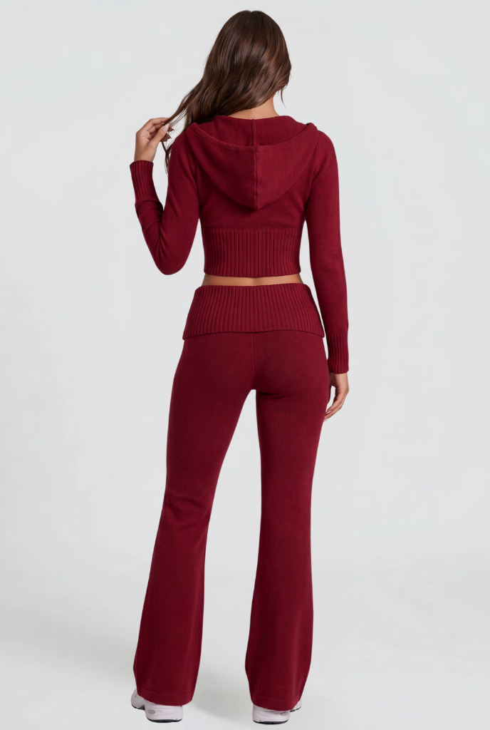 Blaire Cropped Hoodie Flare Pants Set - Red