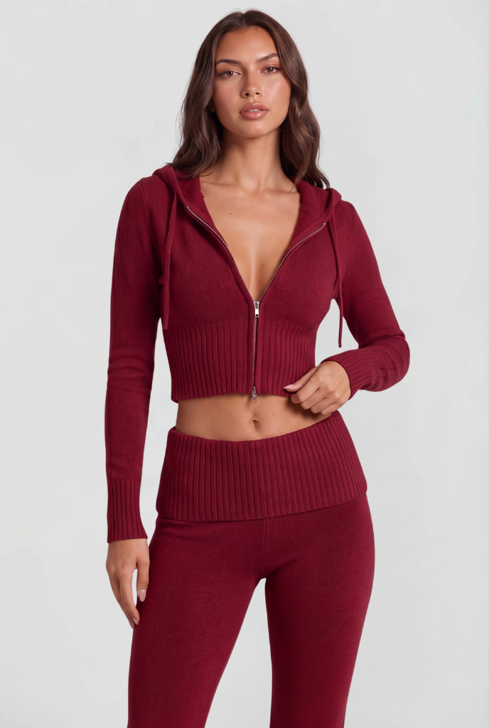 Blaire Cropped Hoodie Flare Pants Set - Red