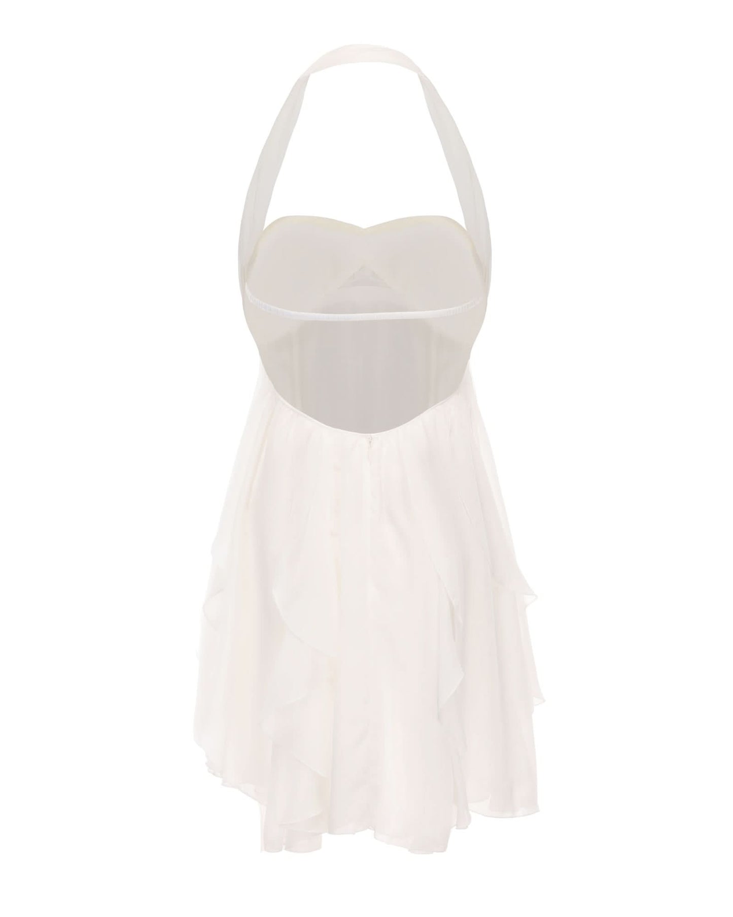 Back view of cream halter dress showing open back and layered ruffle skirt