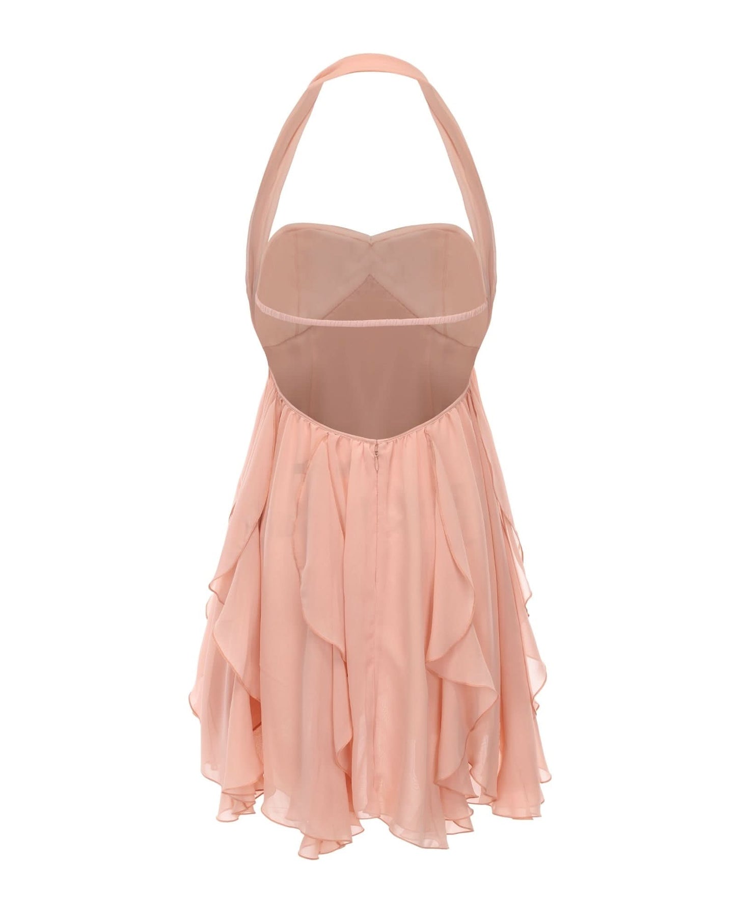 White halter mini dress with ruffled layers and sweetheart neckline