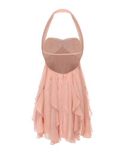 White halter mini dress with ruffled layers and sweetheart neckline