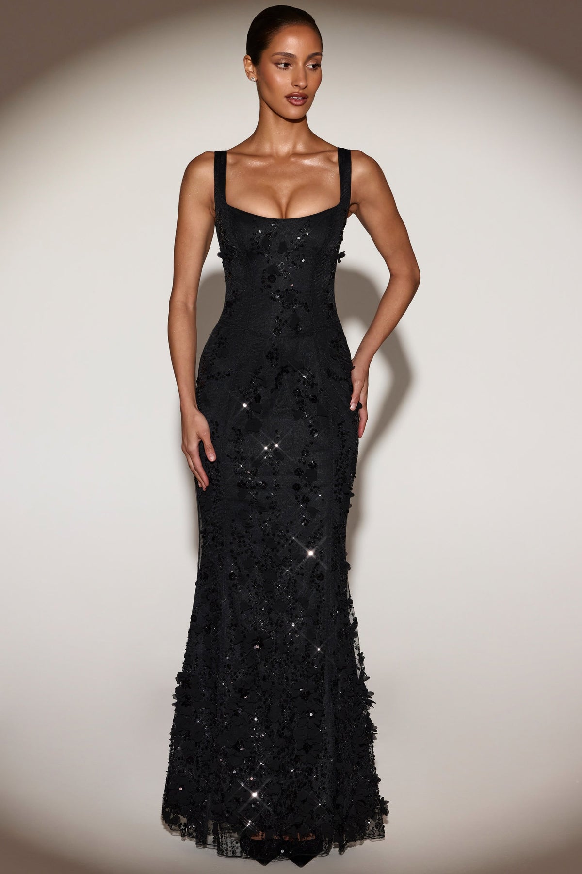 Blossom Applique Corset Gown - Black