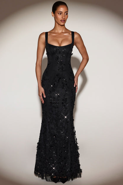 Blossom Applique Corset Gown - Black