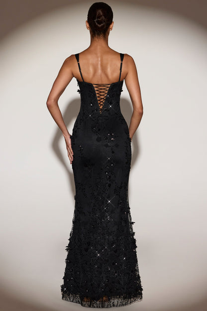 Blossom Applique Corset Gown - Black