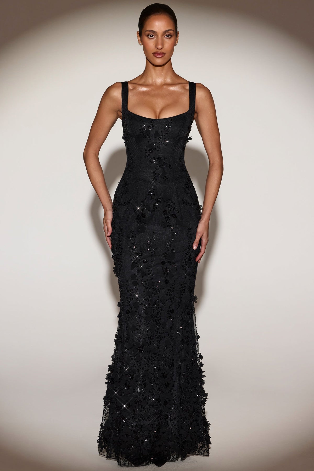 Blossom Applique Corset Gown - Black