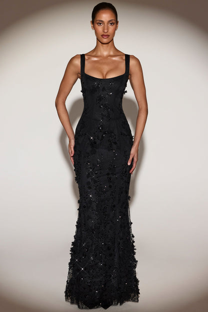 Blossom Applique Corset Gown - Black