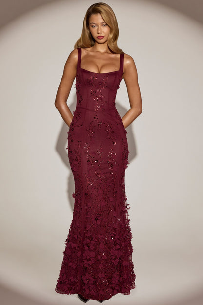 Blossom Applique Corset Gown - Burgundy