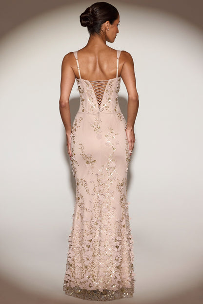 Blossom Applique Corset Gown - Champagne Gold
