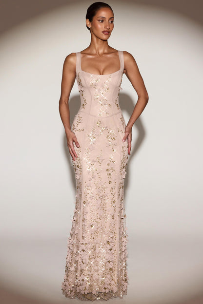 Blossom Applique Corset Gown - Champagne Gold