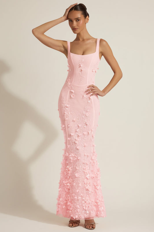 Blossom Applique Corset Gown - Pink