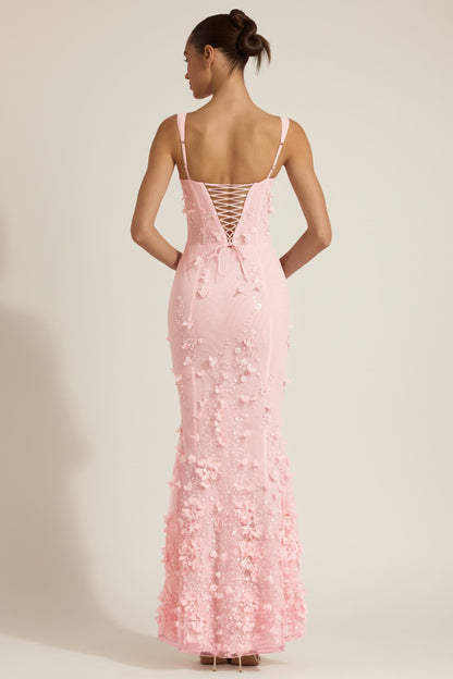 Blossom Applique Corset Gown - Pink