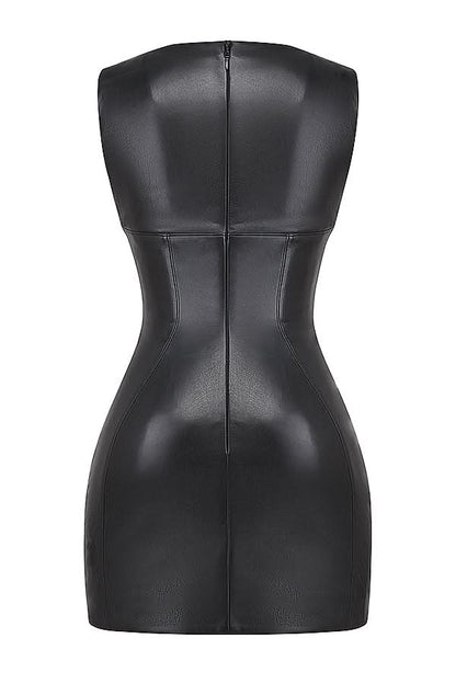 Black bodycon mini dress back flat lay with center seam and fitted silhouette