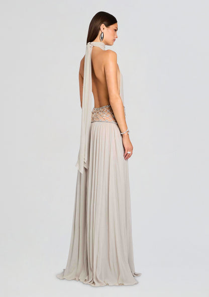 Braelyn Halter Beaded Gown - Champagne