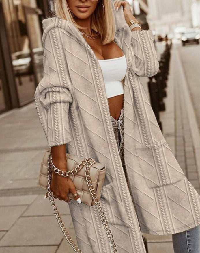 Briony Textured Hooded Longline Cardigan - Beige