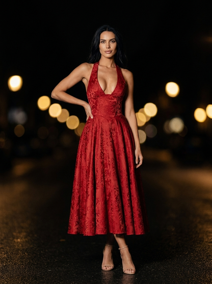 Bronte Halter Midi Dress - Red