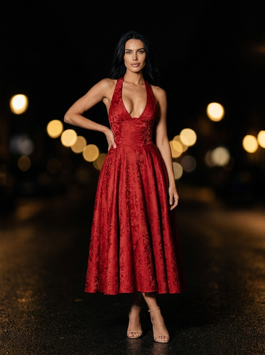 Bronte Halter Midi Dress - Red