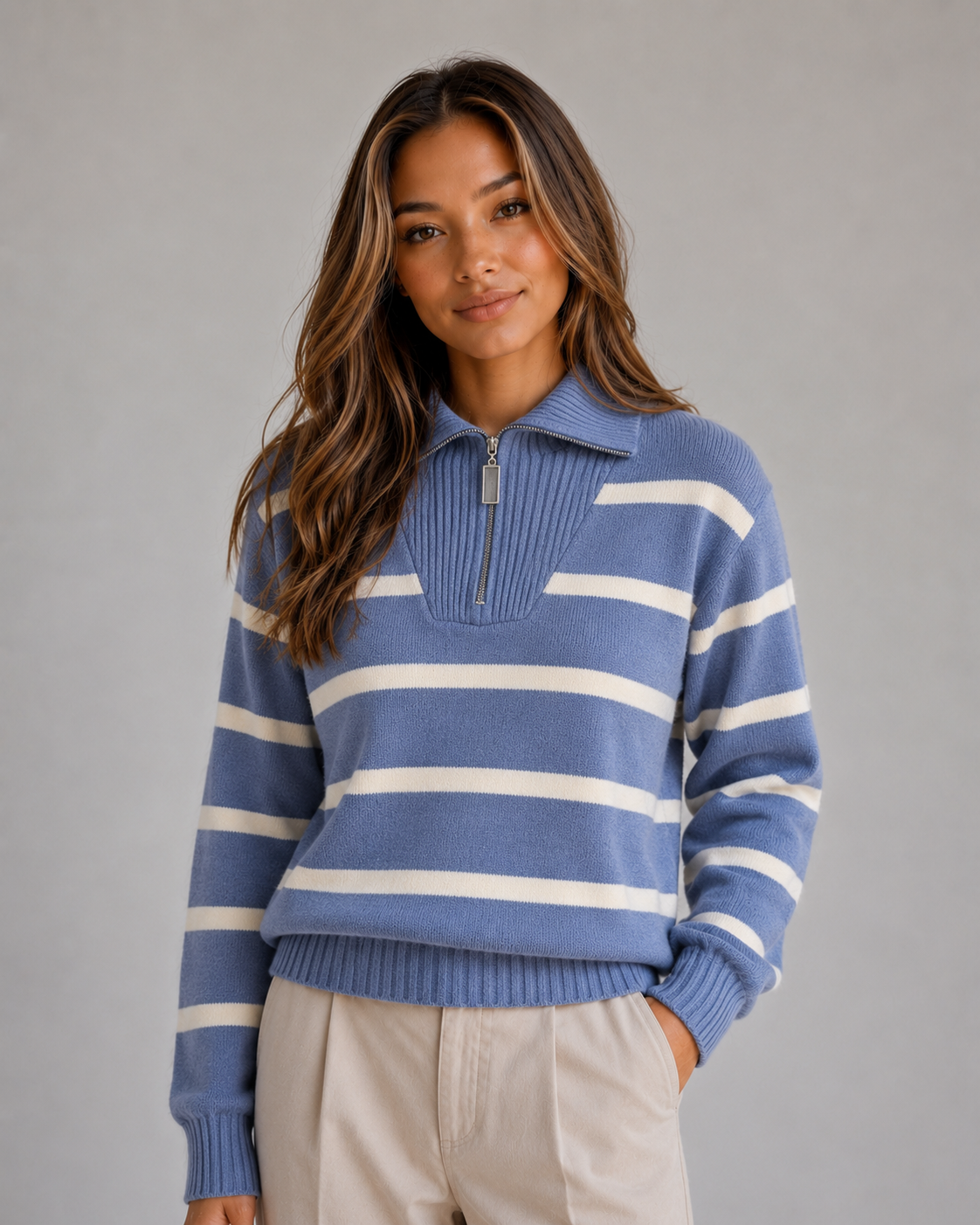 Calantha Striped Half-Zip Sweater - Blue Stripe