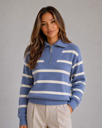Calantha Striped Half-Zip Sweater - Blue Stripe