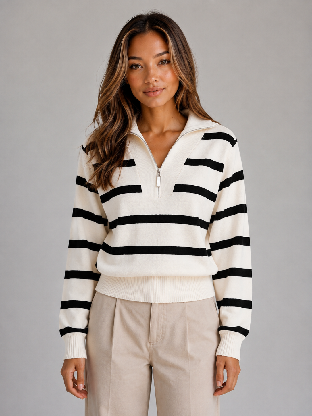 Calantha Striped Half-Zip Sweater - Cream Stripe