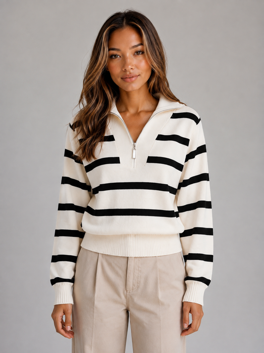 Calantha Striped Half-Zip Sweater - Cream Stripe