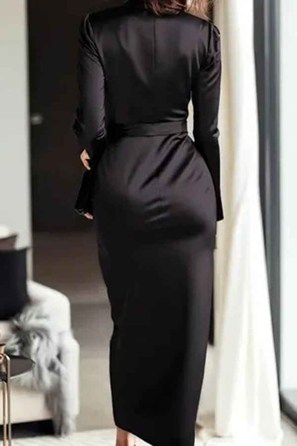 Calyssa Tie Waist Satin Midi Dress - Black