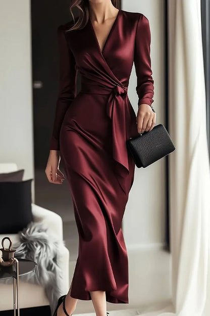 Calyssa Tie Waist Satin Midi Dress - Burgundy