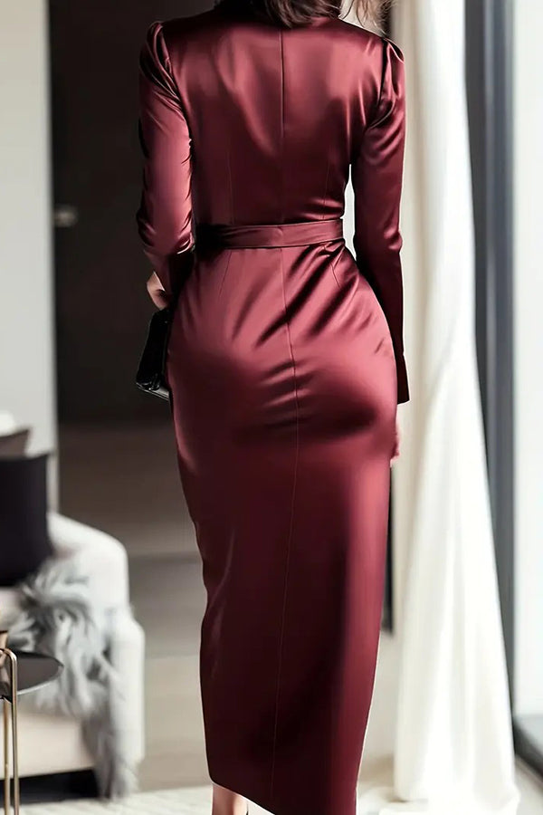 Calyssa Tie Waist Satin Midi Dress - Burgundy