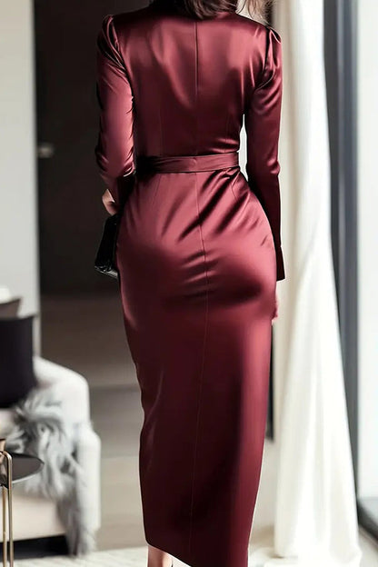Calyssa Tie Waist Satin Midi Dress - Burgundy