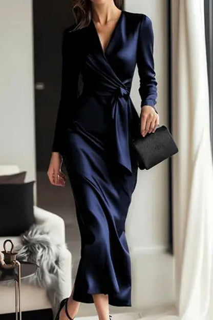 Calyssa Tie Waist Satin Midi Dress - Navy Blue
