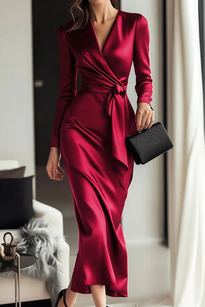 Calyssa Tie Waist Satin Midi Dress - Red