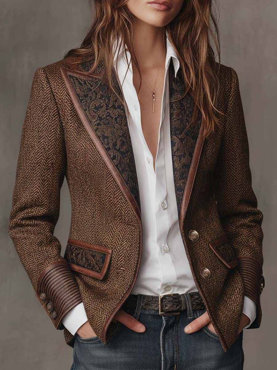 Camellia Herringbone Panel Blazer - Brown