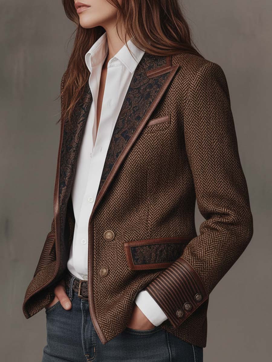 Camellia Herringbone Panel Blazer - Brown