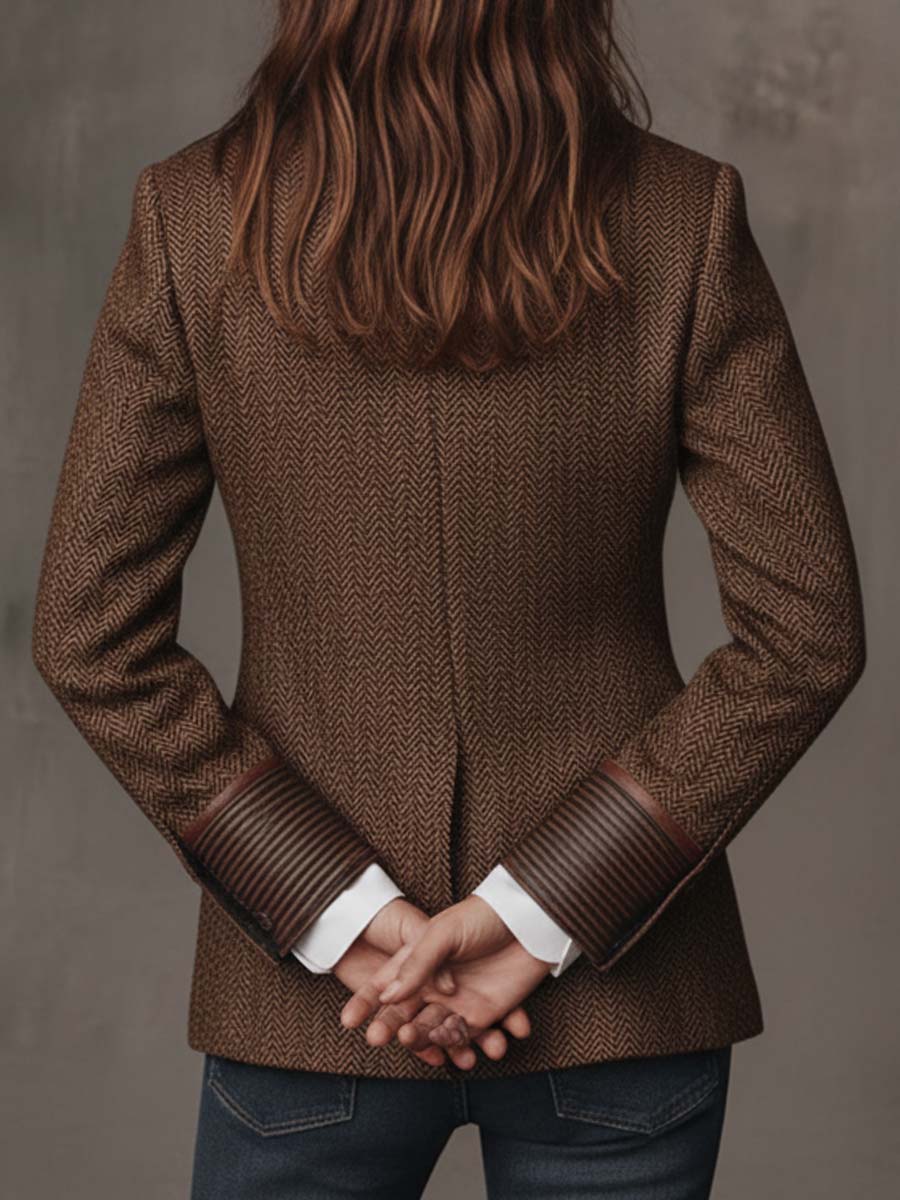 Camellia Herringbone Panel Blazer - Brown