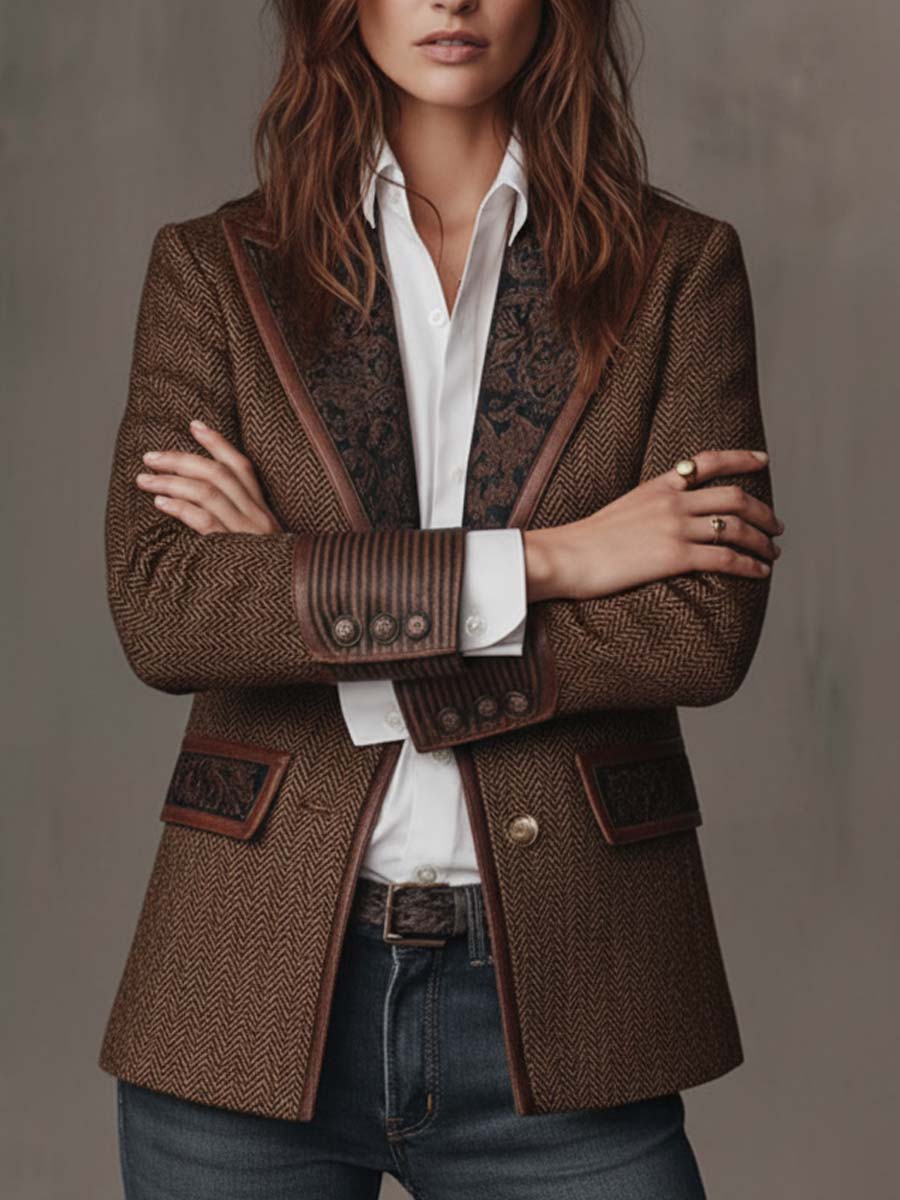 Camellia Herringbone Panel Blazer - Brown