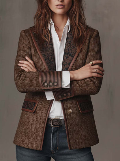 Camellia Herringbone Panel Blazer - Brown