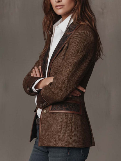 Camellia Herringbone Panel Blazer - Brown