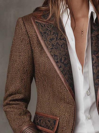 Camellia Herringbone Panel Blazer - Brown