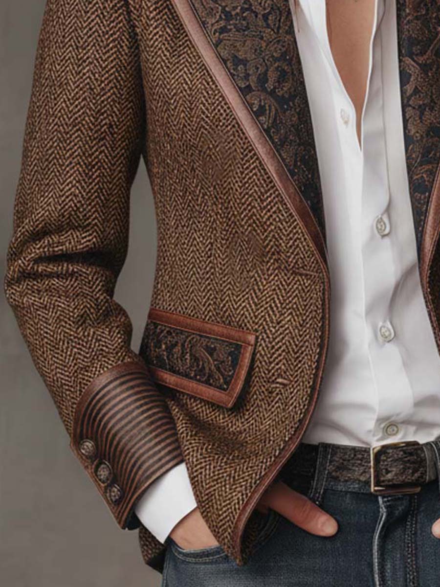 Camellia Herringbone Panel Blazer - Brown