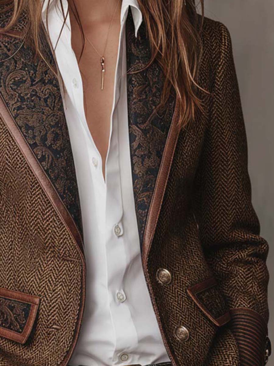 Camellia Herringbone Panel Blazer - Brown