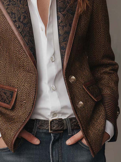 Camellia Herringbone Panel Blazer - Brown