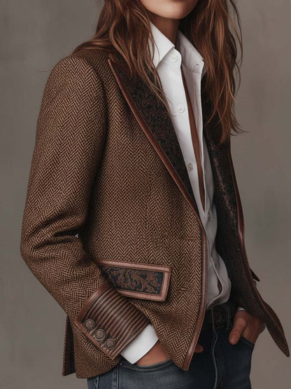 Camellia Herringbone Panel Blazer - Brown