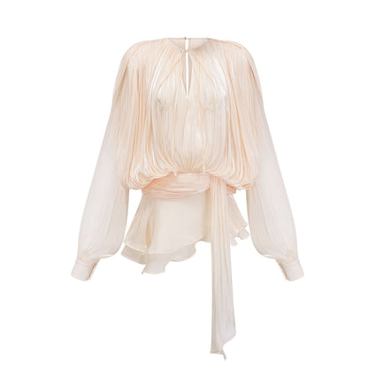 Cream pleated ruffle mini dress with long billowing sleeves and tie waist