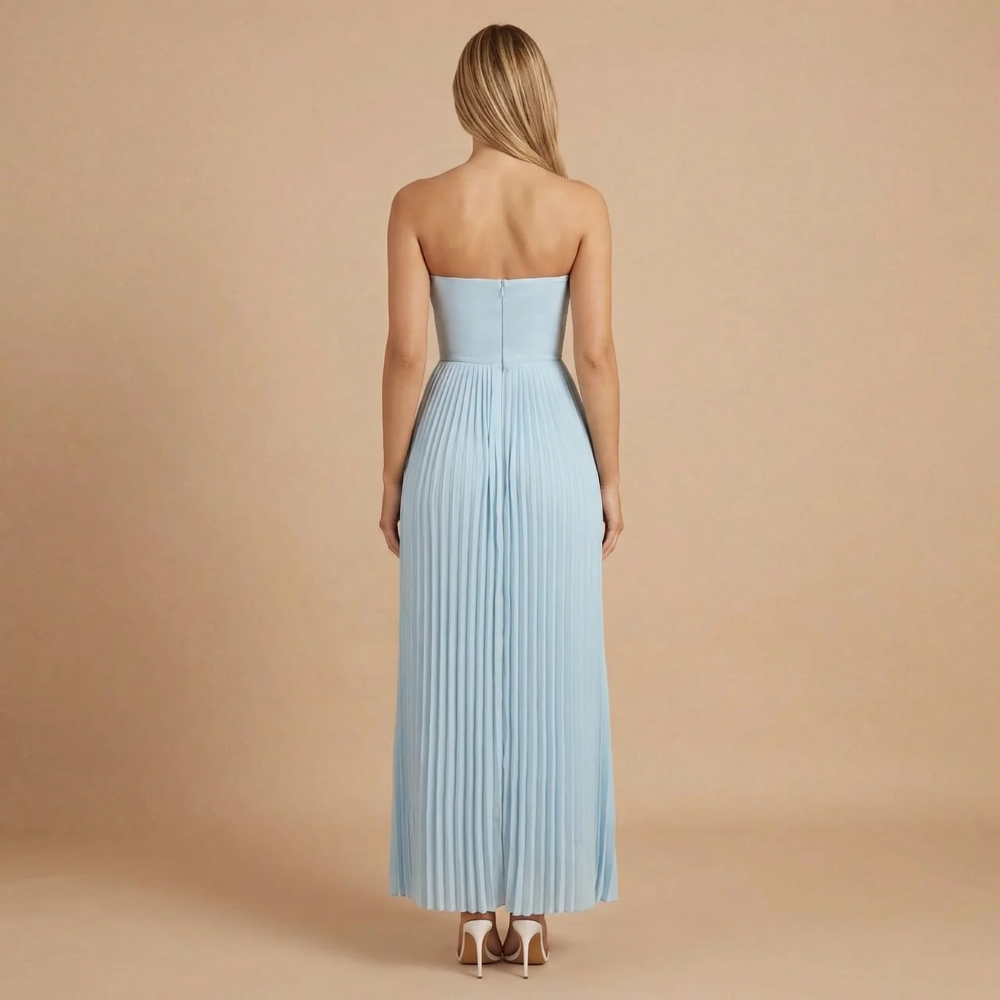 Back view of blue pleated maxi dress showing back zipper closure and graceful flowing skirt