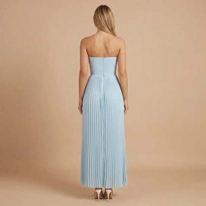 Back view of blue pleated maxi dress showing back zipper closure and graceful flowing skirt