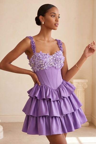 Caris Floral Corset Tiered Mini Dress - Lavender