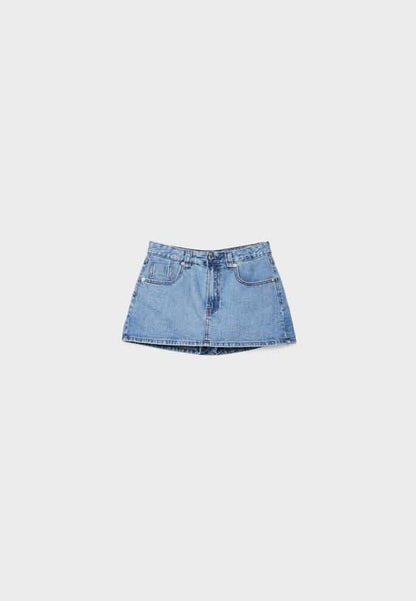 Light blue denim mini skort flat lay front view with visible stitching