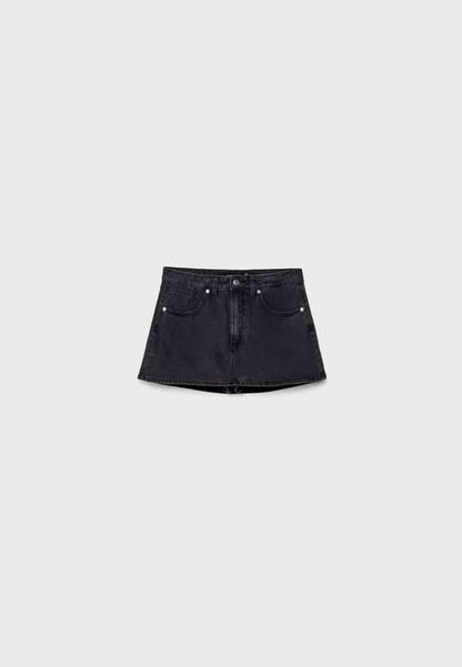 Black denim mini skort flat lay front view with metal hardware details